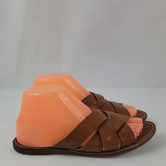 Madewell Boardwalk Woven Brown Leather Slide Women's Sandals - Picture 2 of 14